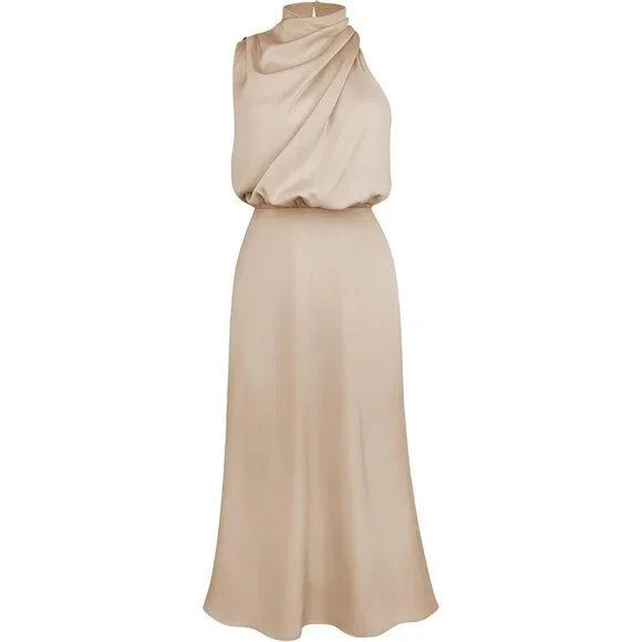 Women's Almond Spring Summer Satin Sleeveless Elegant Formal Mock Neck Maxi - Picture 6 of 6